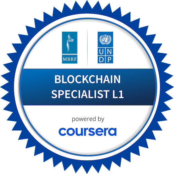 BLOCKCHAIN SPECIALIST L1 completion badge issued by COURSERA