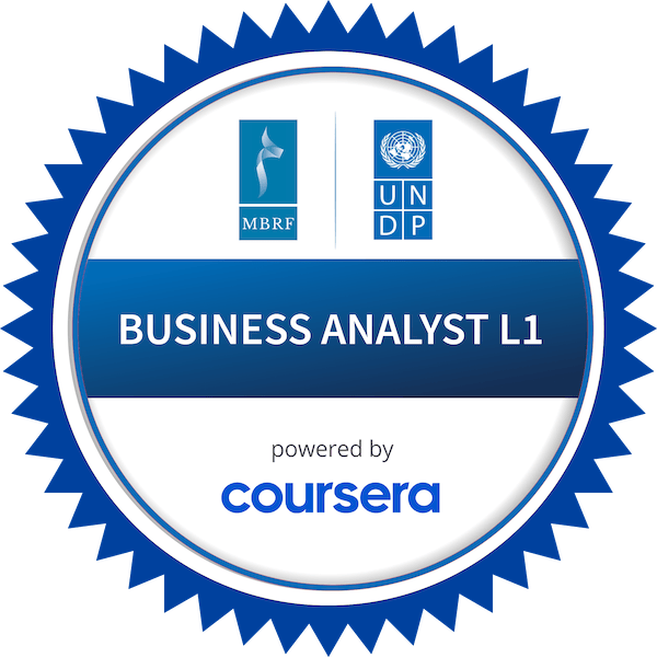 BUSINESS ANALYST L1 completion badge issued by COURSERA