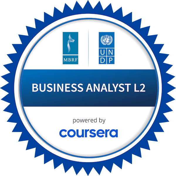 BUSINESS ANALYST L2 completion badge issued by COURSERA
