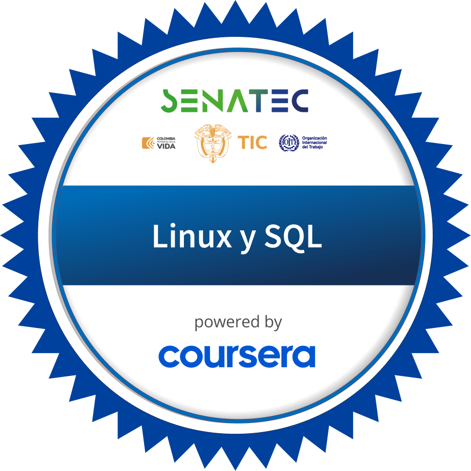 Linux y SQL completion badge issued by COURSERA