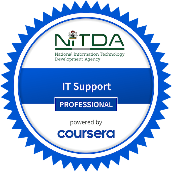 NITDA IT Support Profssional completion badge issued by COURSERA