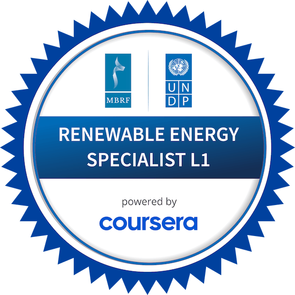 RENEWABLE ENERGY SPECIALIST L1 completion badge issued by COURSERA
