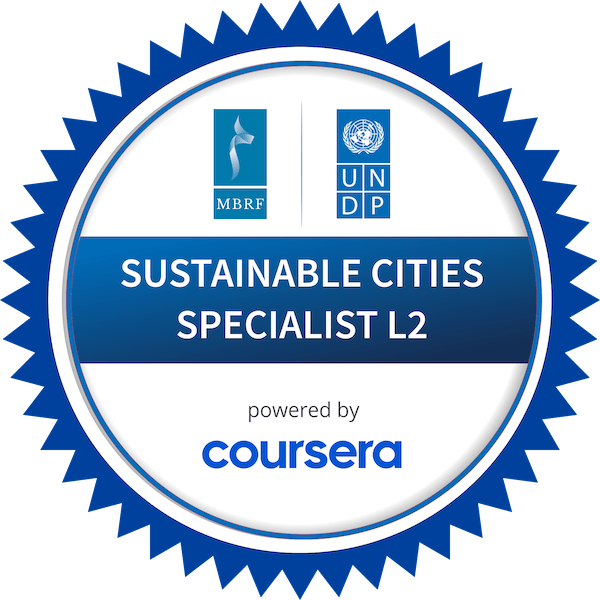 SUSTAINABLE CITIES SPECIALIST L2 completion badge issued by COURSERA