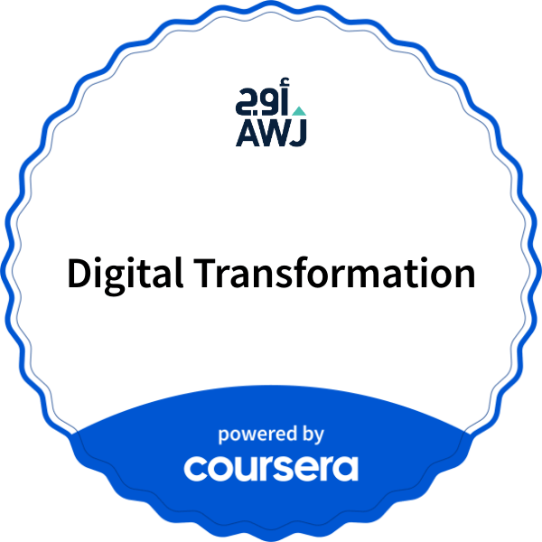 Digital Transformation completion badge issued by COURSERA