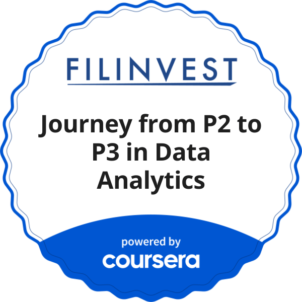 Journey from P2 to P3 in Data Analytics completion badge issued by COURSERA