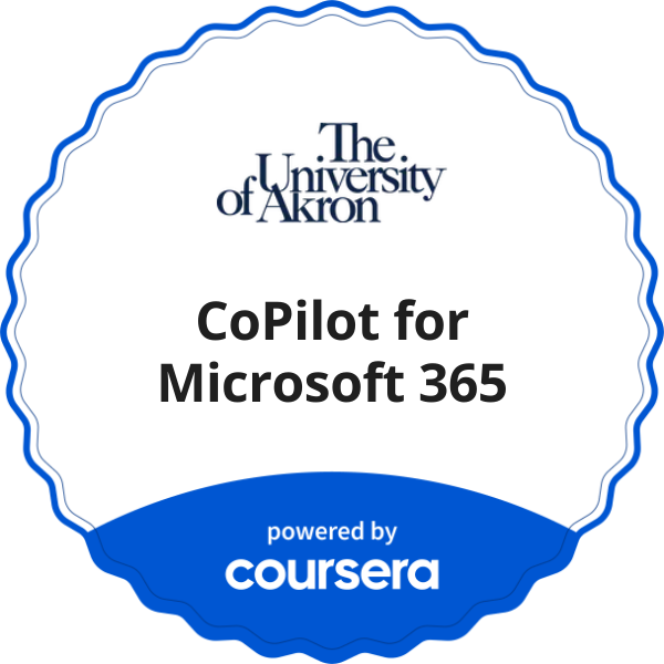 CoPilot for Microsoft 365 completion badge issued by COURSERA