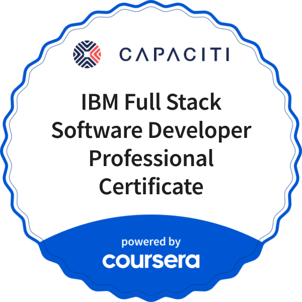 IBM Full Stack Software Developer Professional Certificate completion badge issued by COURSERA