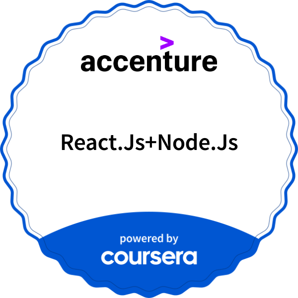 React.Js+Node.Js completion badge issued by COURSERA