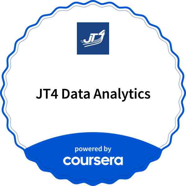JT4 Data Analytics completion badge issued by COURSERA