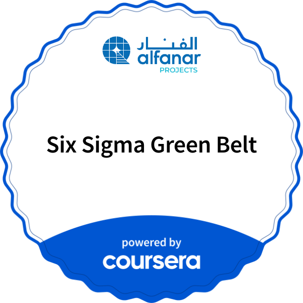 Six Sigma Green Belt completion badge issued by COURSERA