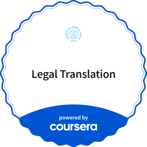 Legal Translation completion badge issued by COURSERA