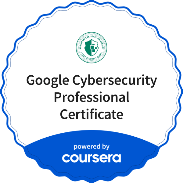 Google Cybersecurity Professional Certificate completion badge issued by COURSERA