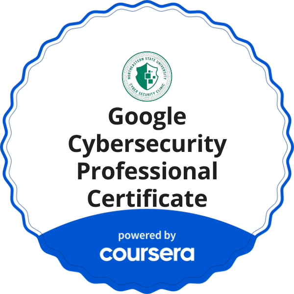 Google Cybersecurity Professional Certificate completion badge issued by COURSERA