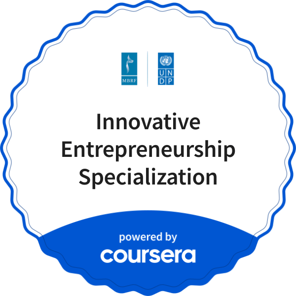 Innovative Entrepreneurship Specialization completion badge issued by COURSERA