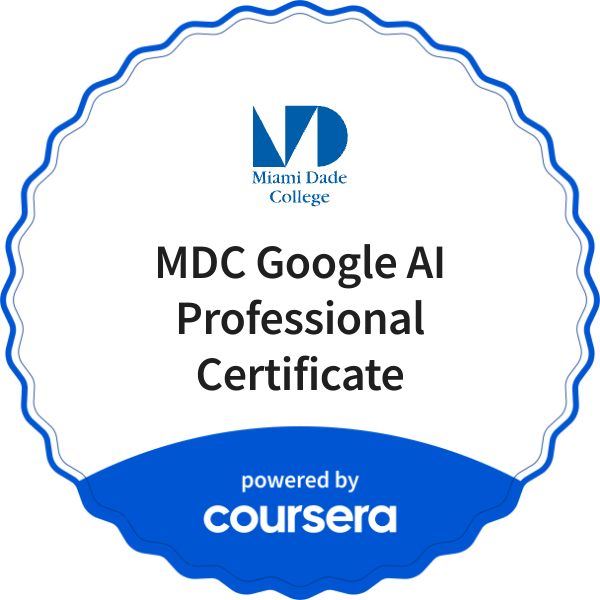 MDC Google AI Professional Certificate completion badge issued by COURSERA