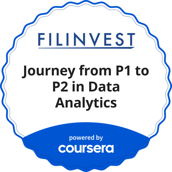 Journey from P1 to P2 in Data Analytics completion badge issued by COURSERA