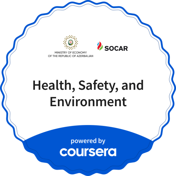 Health, Safety, and Environment completion badge issued by COURSERA