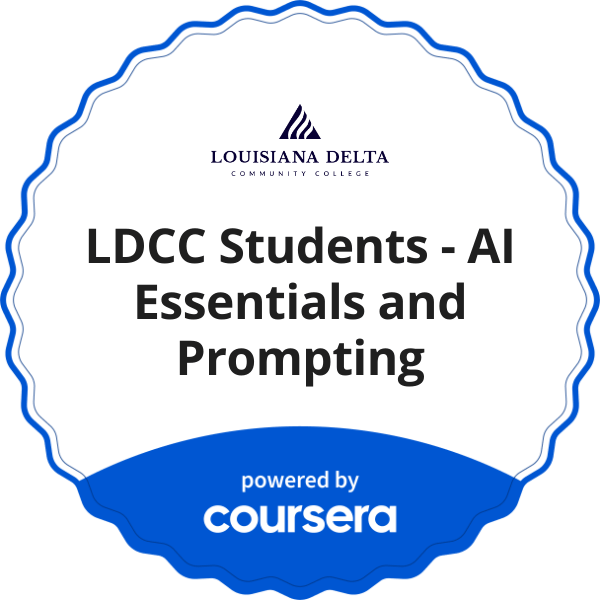 LDCC Students - AI Essentials and Prompting completion badge issued by COURSERA
