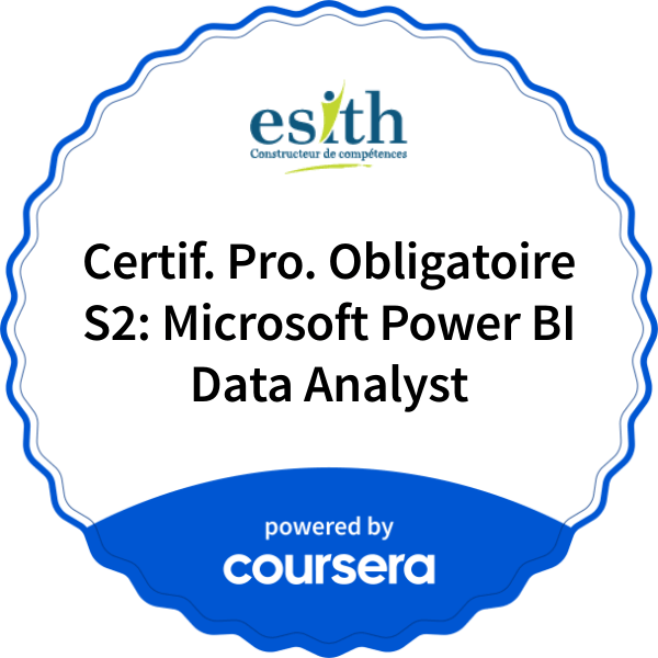 Certif. Pro. Obligatoire S2: Microsoft Power BI Data Analyst completion badge issued by COURSERA