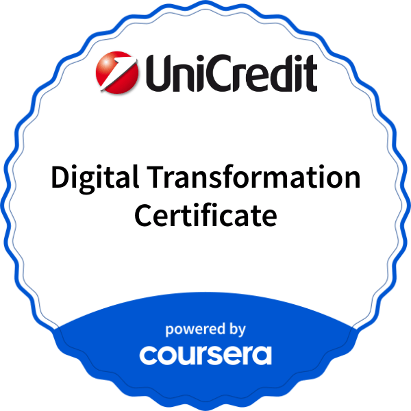 Digital Transformation Certificate completion badge issued by COURSERA
