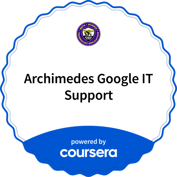 Archimedes Google IT Support completion badge issued by COURSERA