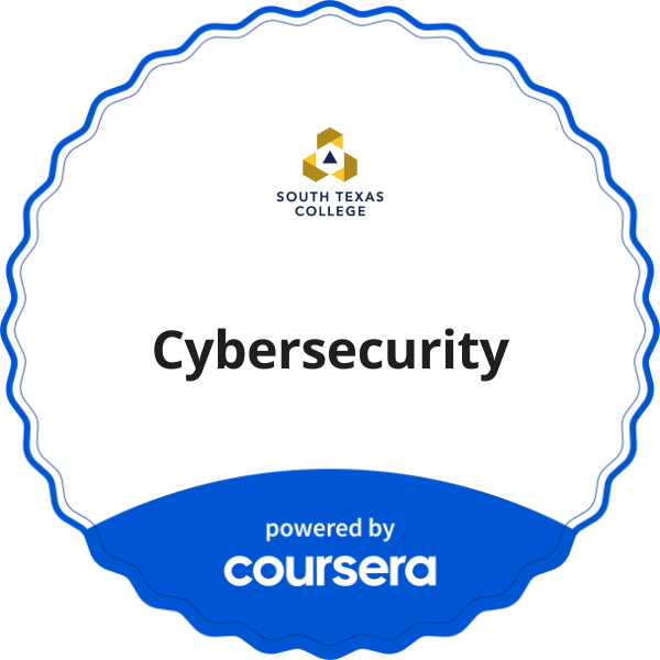 Cybersecurity completion badge issued by COURSERA