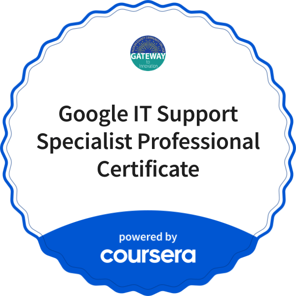 Google IT Support Specialist Professional Certificate completion badge issued by COURSERA