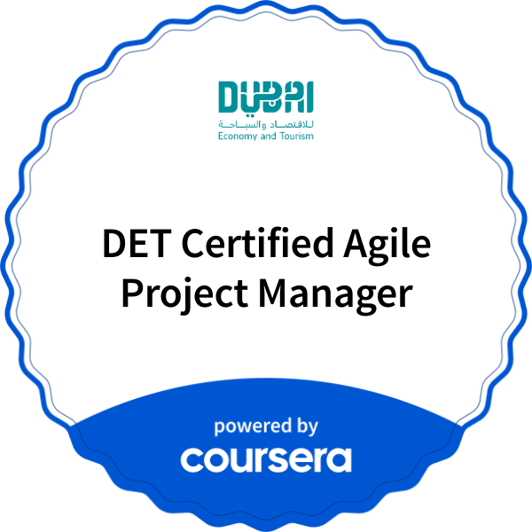 DET Certified Agile Project Manager completion badge issued by COURSERA