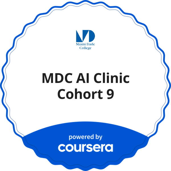 MDC AI Clinic Cohort 9 completion badge issued by COURSERA