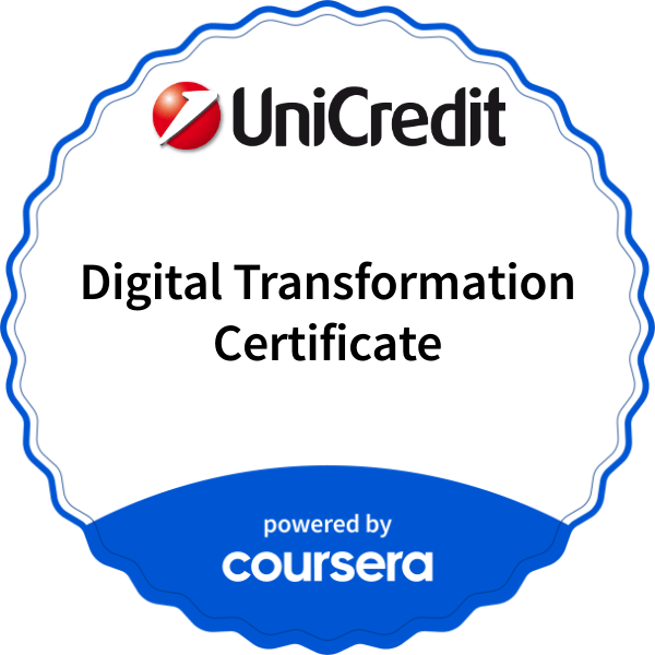 Digital Transformation Certificate completion badge issued by COURSERA