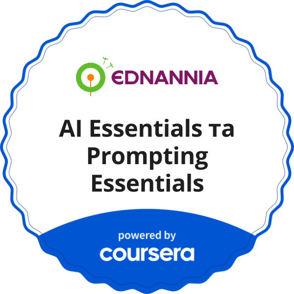AI Essentials та Prompting Essentials completion badge issued by COURSERA