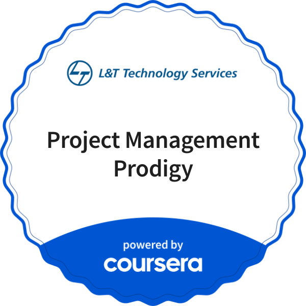 Project Management Prodigy completion badge issued by COURSERA