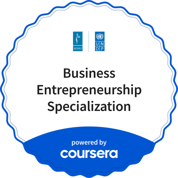 Business Entrepreneurship Specialization completion badge issued by COURSERA
