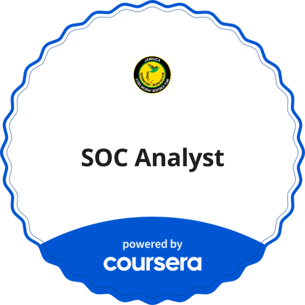 SOC Analyst completion badge issued by COURSERA
