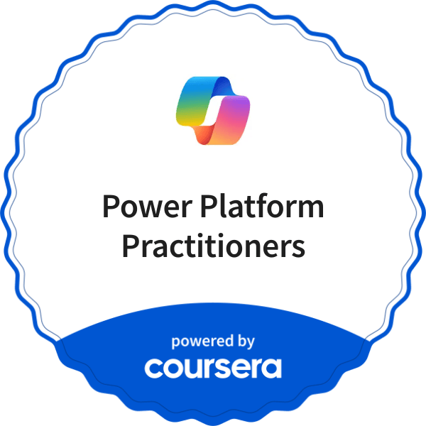 Power Platform Practitioners completion badge issued by COURSERA