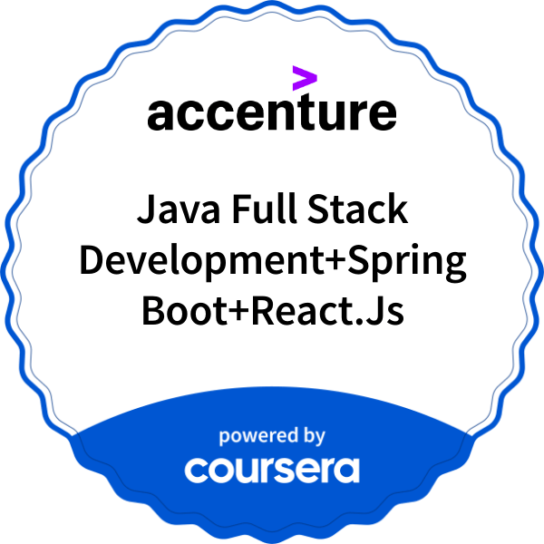 Java Full Stack Development+Spring Boot+React.Js completion badge issued by COURSERA