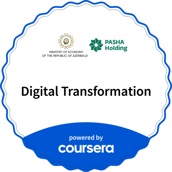 Digital Transformation completion badge issued by COURSERA