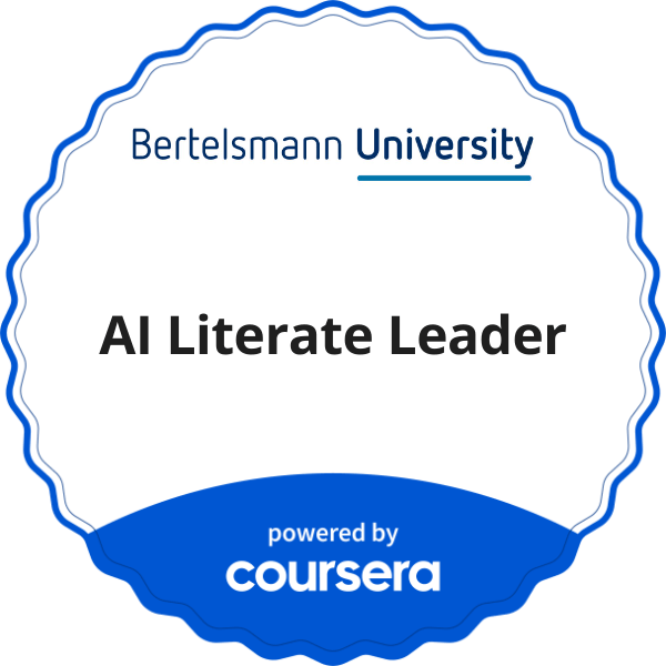AI Literate Leader completion badge issued by COURSERA