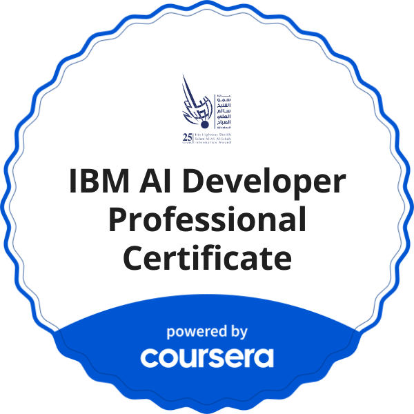 IBM AI Developer Professional Certificate completion badge issued by COURSERA