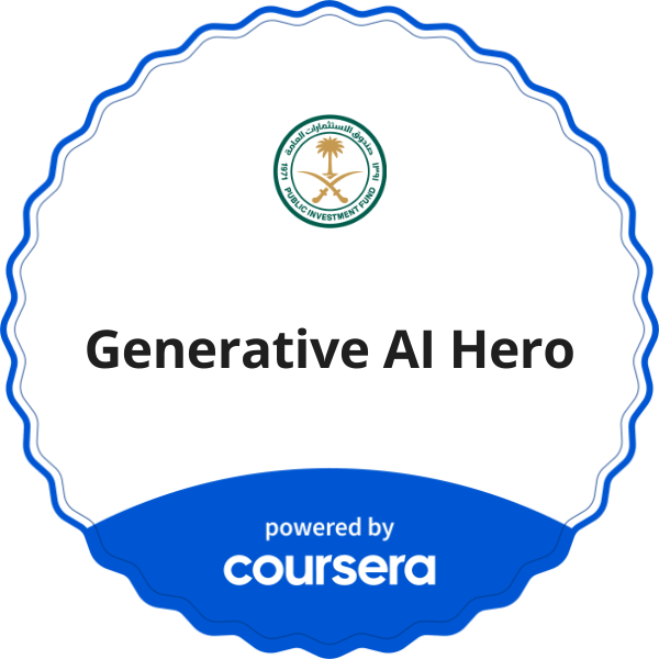 Generative AI Hero completion badge issued by COURSERA
