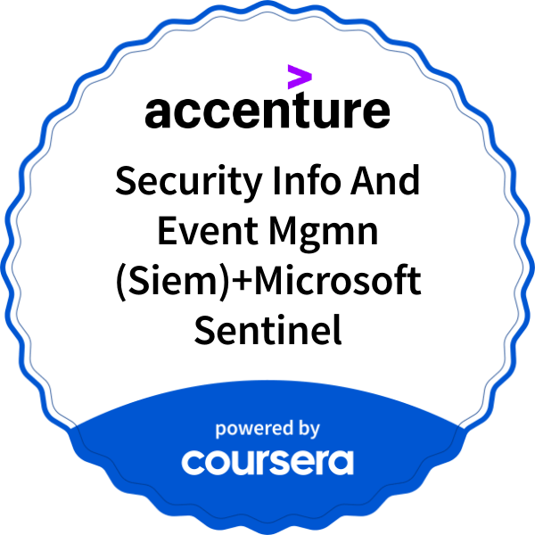 Security Info And Event Mgmnt (Siem)+Microsoft Sentinel completion badge issued by COURSERA