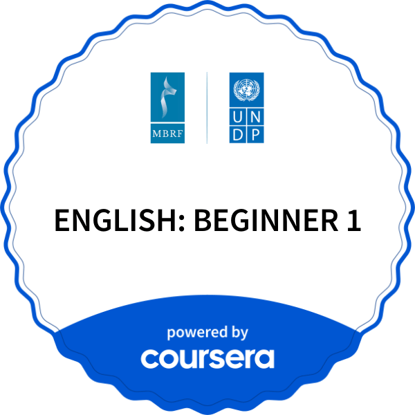 ENGLISH: BEGINNER 1 completion badge issued by COURSERA