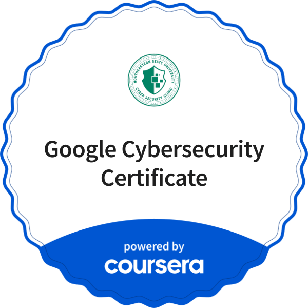 Google Cybersecurity Certificate completion badge issued by COURSERA