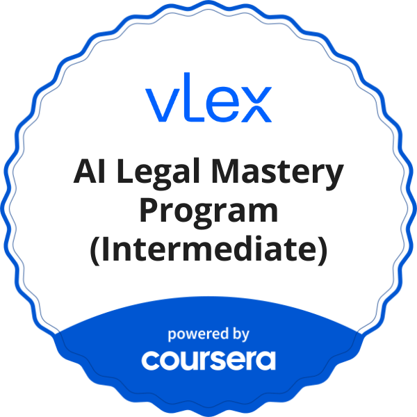 AI Legal Mastery Program (Intermediate) completion badge issued by COURSERA