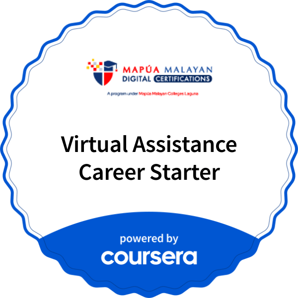 Virtual Assistance Career Starter completion badge issued by COURSERA