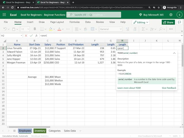 Excel for Beginners: Beginner Functions