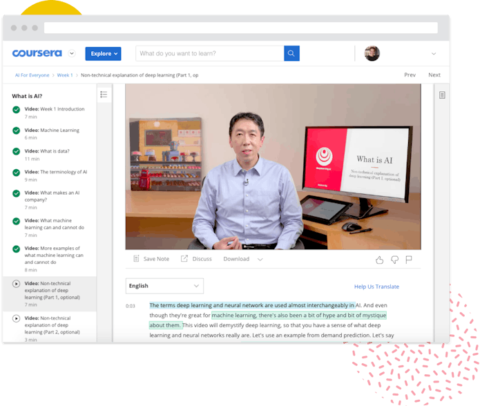 Coursera 界面的屏幕截图，显示的是 Andrew Ng 讲授其机器学习课程的视频画面。