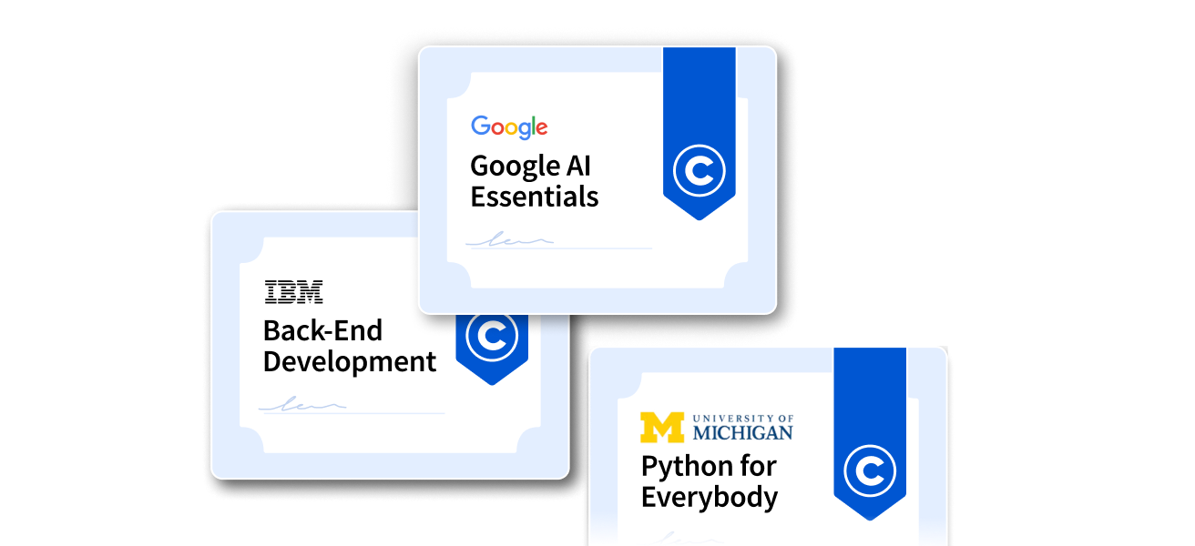 Composite illustration of three Coursera certificates (Google AI Essentials, IBM Back-End Development, Python for Everybody) shown as overlapping cards.