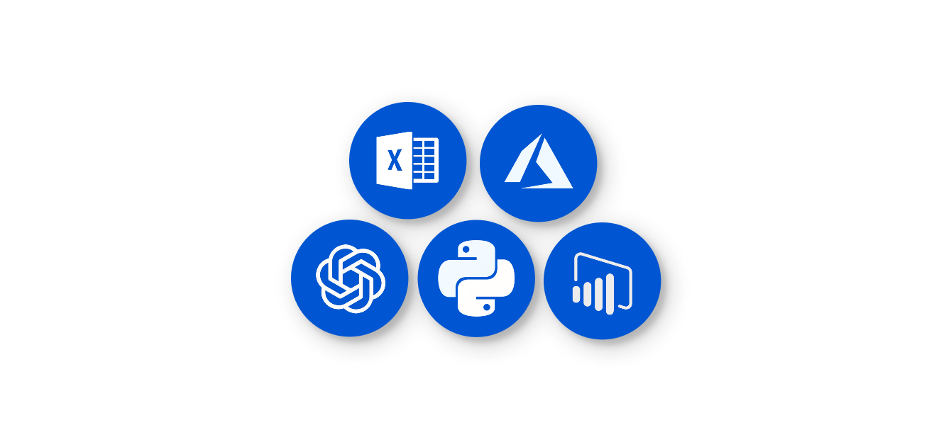 Composite illustration of industry tool icons (Excel, Azure, ChatGPT, Python, Power BI) shown as overlapping circles.