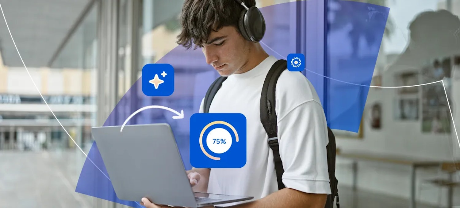 Student looks at laptop with AI icons floating to imply he's using AI on campus